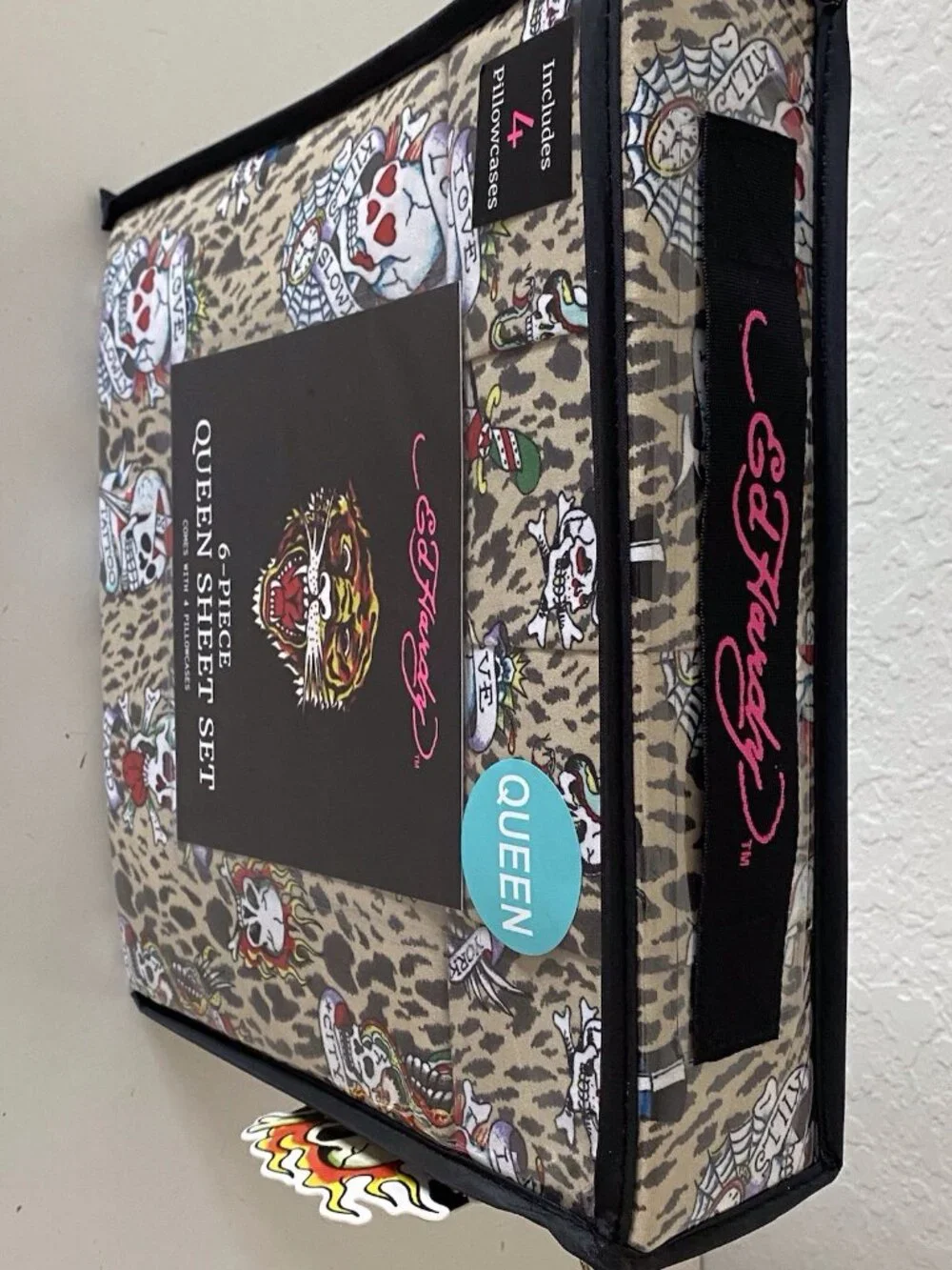 6 PC Ed Hardy QUEEN SIZE Sheet Set Skulls‎ Heart Leopard Animal Print NEW